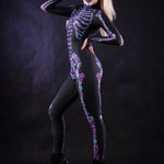 Woman posing in the Flower Skeleton costume, showcasing vibrant purple and blue skeleton design with flowers, ideal for Halloween or as a striking festival outfit.