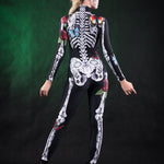 Close-up of the skeleton design with rose and butterfly details on the full-body catsuit, ideal for a unique Halloween or festival look.