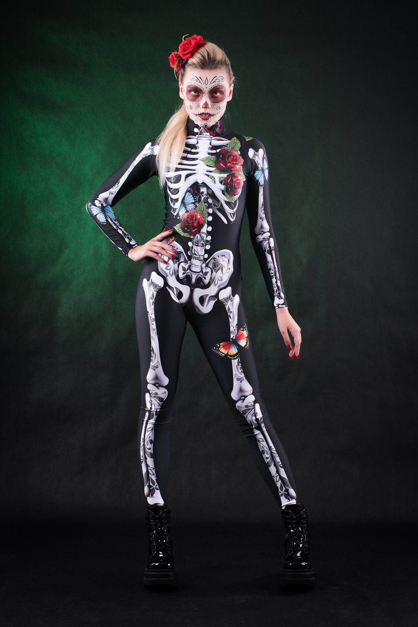 Roses Butterflies Skeleton Halloween costume for women, featuring a full-body skeleton catsuit with floral and butterfly accents, perfect for Day of the Dead or Halloween celebrations.