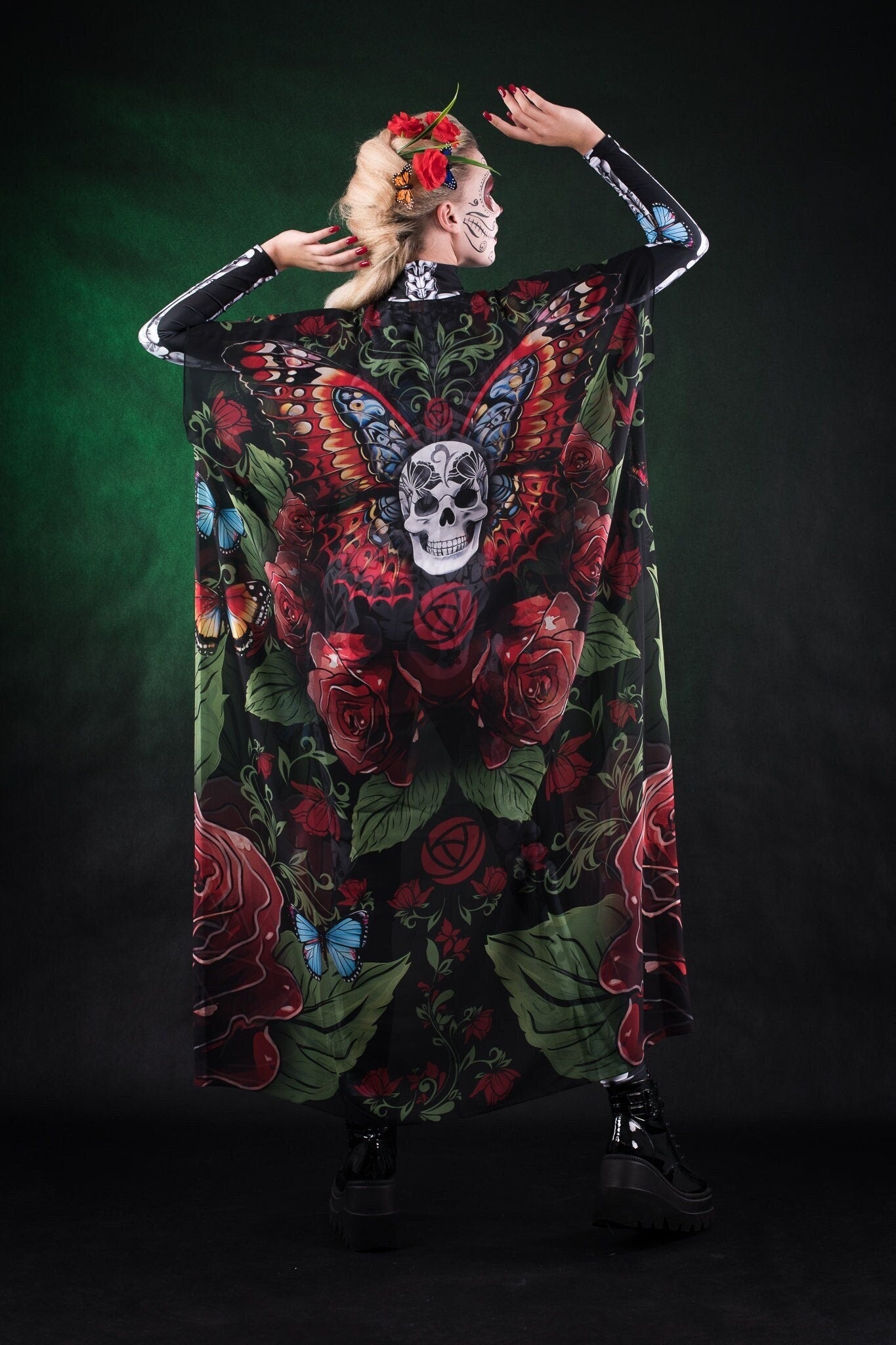 Roses and Butterflies Kimono Halloween cape, featuring intricate rose and butterfly designs, perfect for Day of the Dead or Halloween celebrations.