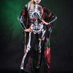 Roses Butterflies Skeleton Halloween costume for women, featuring a full-body skeleton catsuit with floral and butterfly accents, perfect for Day of the Dead or Halloween celebrations.