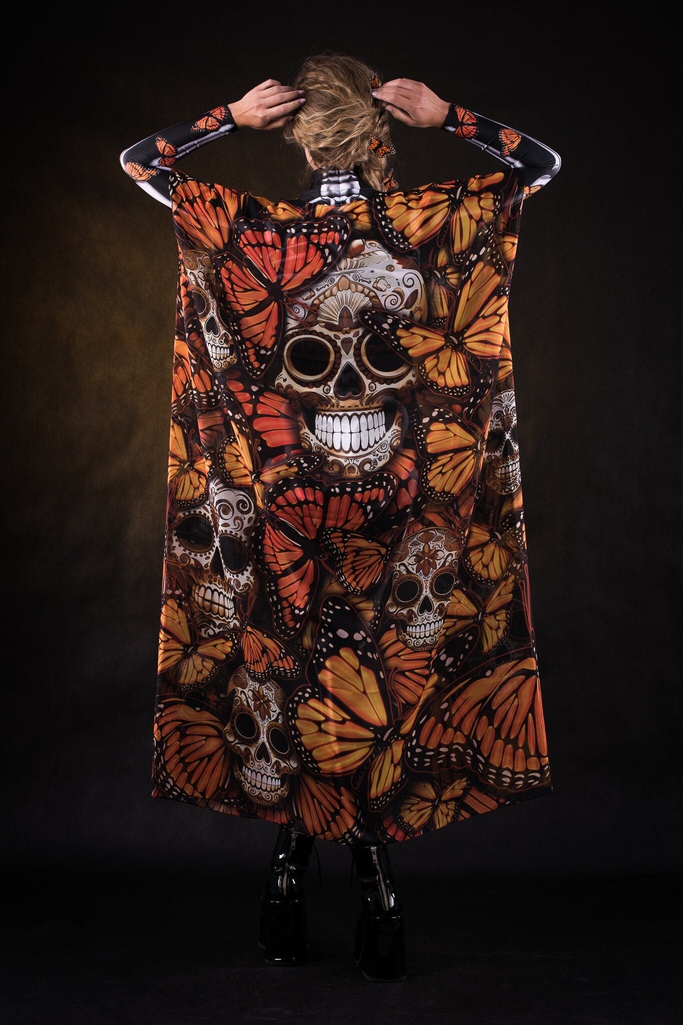 Orange Monarchy Butterflies Halloween kimono cape, featuring vibrant orange butterfly designs, perfect for Halloween or Day of the Dead celebrations.