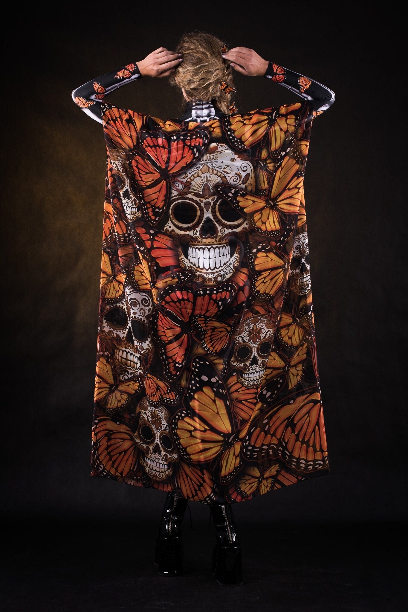 Orange Monarchy Butterflies Halloween kimono cape, featuring vibrant orange butterfly designs, perfect for Halloween or Day of the Dead celebrations.