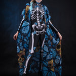 Woman wearing the Lady Blue Butterfly skeleton costume, featuring a colorful kimono with blue butterfly accents, perfect for Halloween parties or Day of the Dead events.