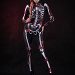 Lady Red Butterfly Halloween costume for women, featuring a full-body skeleton catsuit with vibrant red and blue butterfly accents, perfect for Halloween or Day of the Dead celebrations.