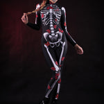 Woman posing in the Lady Red Butterfly skeleton costume, highlighting the vibrant butterfly design, skeleton theme, and flowing kimono, ideal for Halloween or as a striking festival outfit.