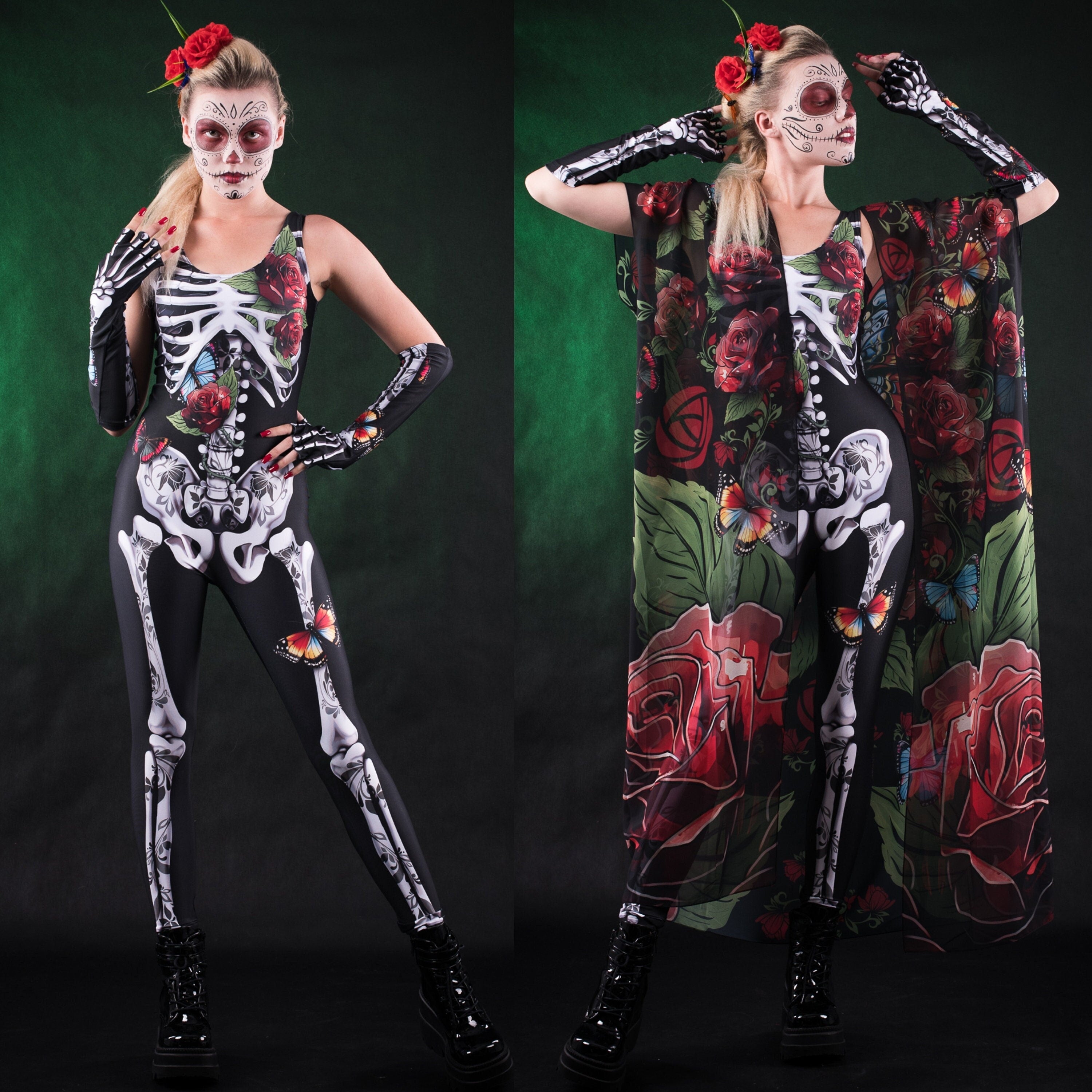 Woman wearing the Roses Butterflies Skeleton jumpsuit and kimono set, featuring intricate floral and butterfly details with arm warmers, perfect for Halloween parties or Day of the Dead events.