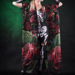 Roses Butterflies Skeleton Halloween jumpsuit and kimono set for women, featuring a white skeleton bodysuit with floral and butterfly accents, perfect for Halloween or Day of the Dead celebrations.