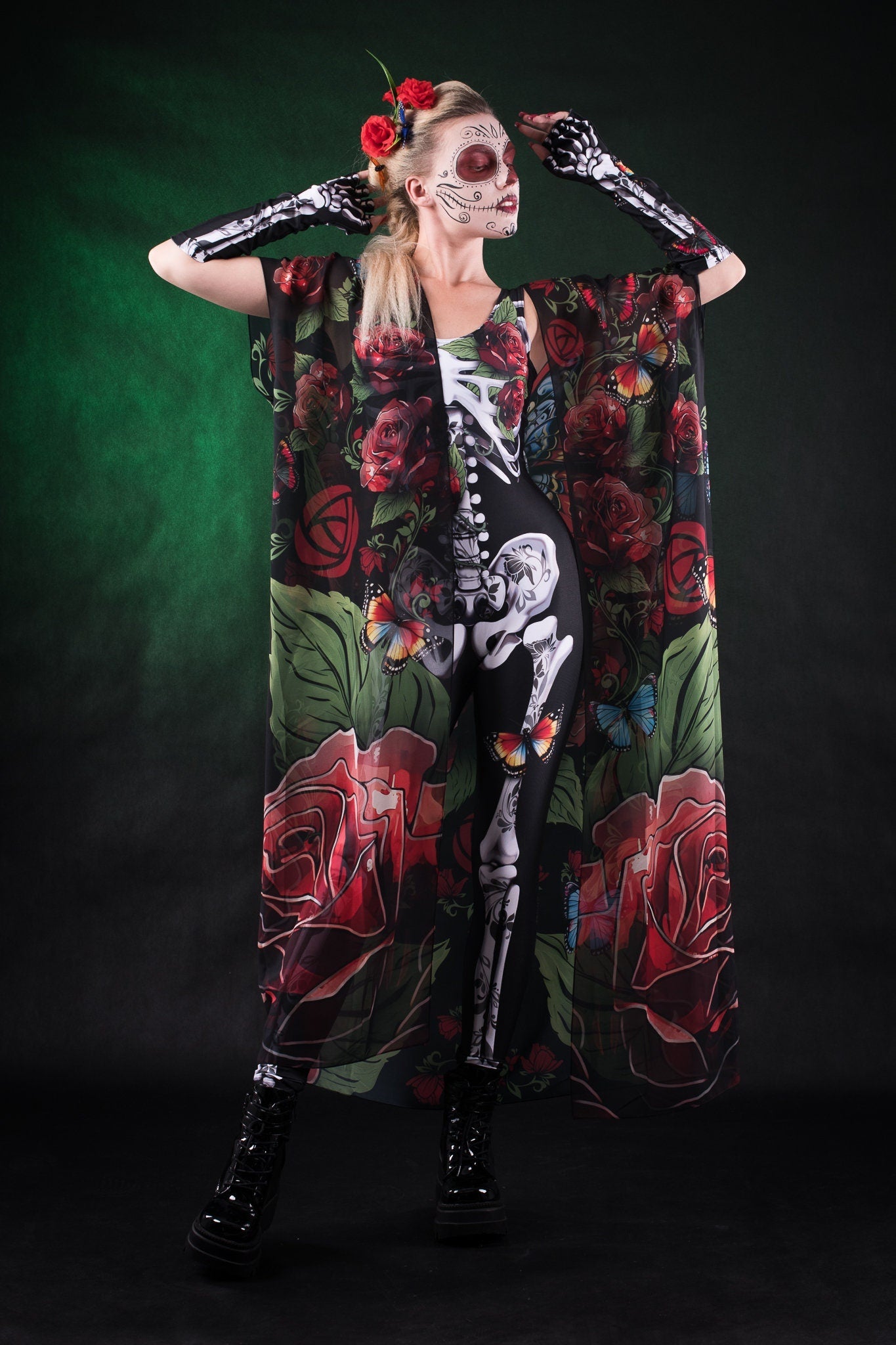 Roses Butterflies Skeleton Halloween jumpsuit and kimono set for women, featuring a white skeleton bodysuit with floral and butterfly accents, perfect for Halloween or Day of the Dead celebrations.