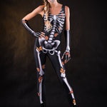 Orange Butterflies Skeleton Halloween costume for women, featuring a white skeleton jumpsuit with orange butterfly accents and a flowing kimono, perfect for Halloween or festivals.