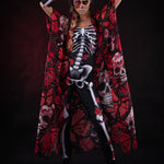 Red Butterflies Skeleton Halloween costume for women, featuring a white skeleton jumpsuit with red butterfly accents and a matching kimono, perfect for Halloween or festivals.