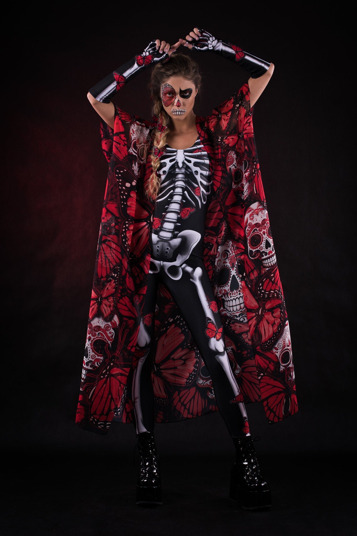 Red Butterflies Skeleton Halloween costume for women, featuring a white skeleton jumpsuit with red butterfly accents and a matching kimono, perfect for Halloween or festivals.