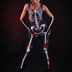 Woman posing in the Red Butterflies Skeleton jumpsuit and kimono set, showcasing the detailed skeleton and butterfly design, great for Halloween or as a standout festival outfit.