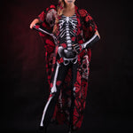 Red Butterflies Skeleton Halloween costume for women, featuring a white skeleton jumpsuit with red butterfly accents and a matching kimono, perfect for Halloween or festivals.