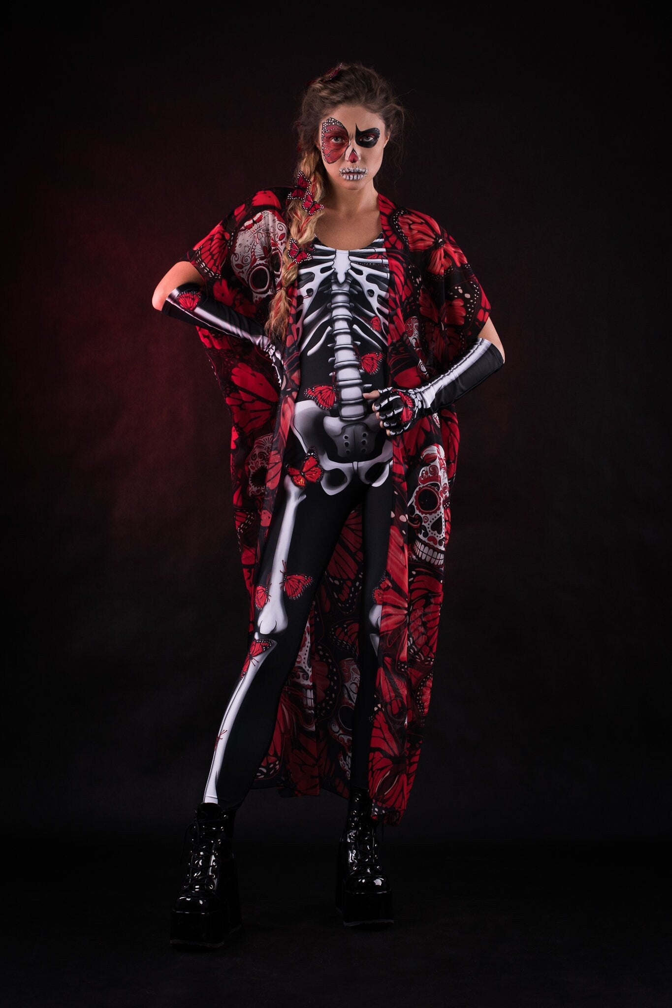 Red Butterflies Skeleton Halloween costume for women, featuring a white skeleton jumpsuit with red butterfly accents and a matching kimono, perfect for Halloween or festivals.