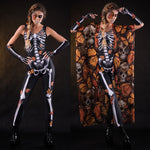 Woman posing in the Orange Butterflies Skeleton jumpsuit with kimono, highlighting the detailed butterfly and skeleton design, great for Halloween parties or as a standout festival outfit.