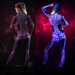 Woman posing in the UV reactive skeleton costume, highlighting the vibrant neon pink design that glows under UV light, perfect for Halloween parties or festival wear.