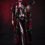 Women wearing a skeleton bodysuit with red rose. Kimono with roses. Styled for Halloween. The outfit is inspired by Day of the Dead.