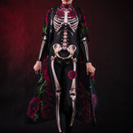 Woman posing in the Lady Death Halloween kimono costume, highlighting the flowing cape with skull and rose designs, great for Halloween parties or as a striking festival outfit.