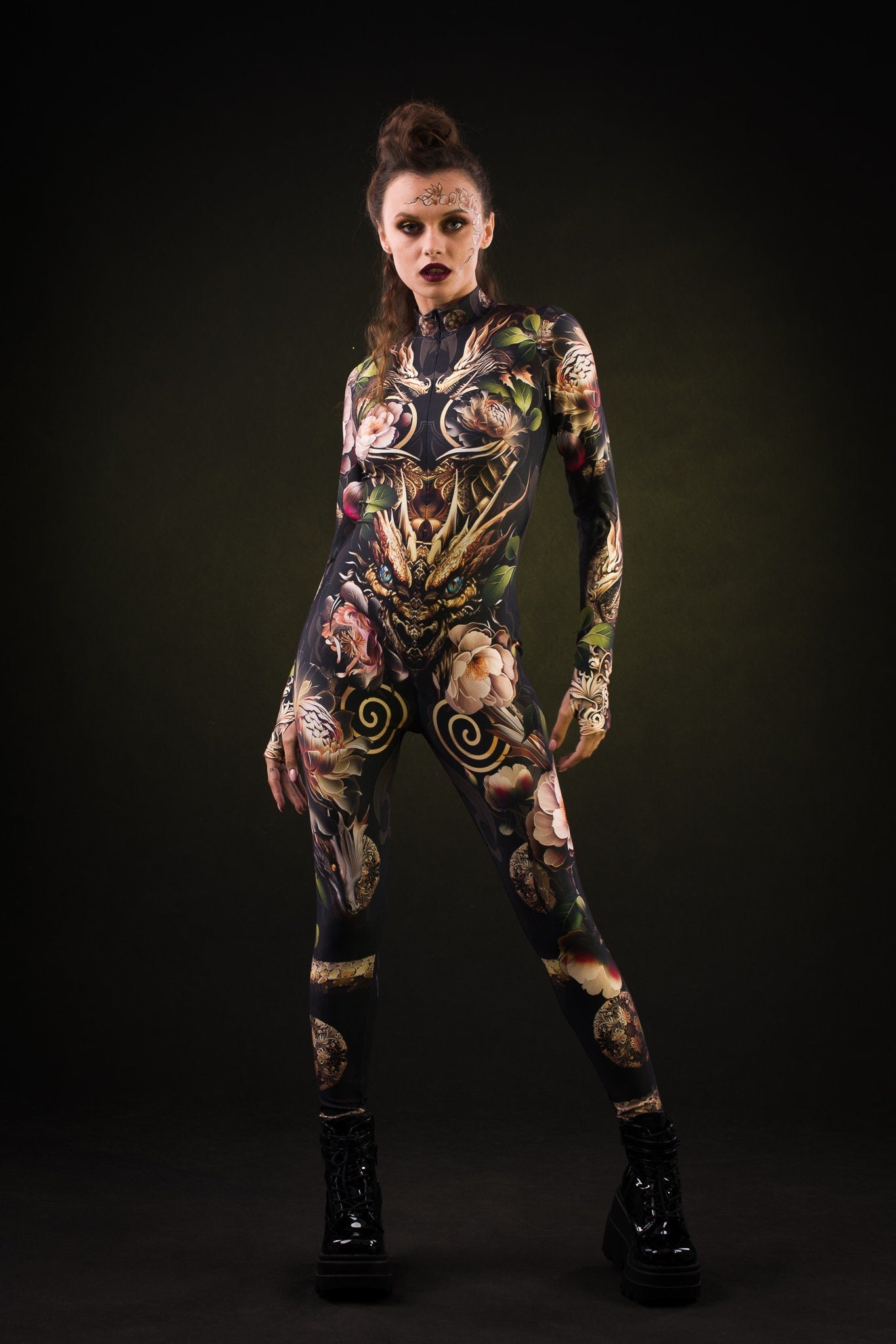 Sister of Dragons Halloween costume for women, featuring a full-body black catsuit with dragon design and tattoo effect on the back, perfect for Halloween or cosplay events.