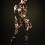 Sister of Dragons Halloween costume for women, featuring a full-body black catsuit with dragon design and tattoo effect on the back, perfect for Halloween or cosplay events.