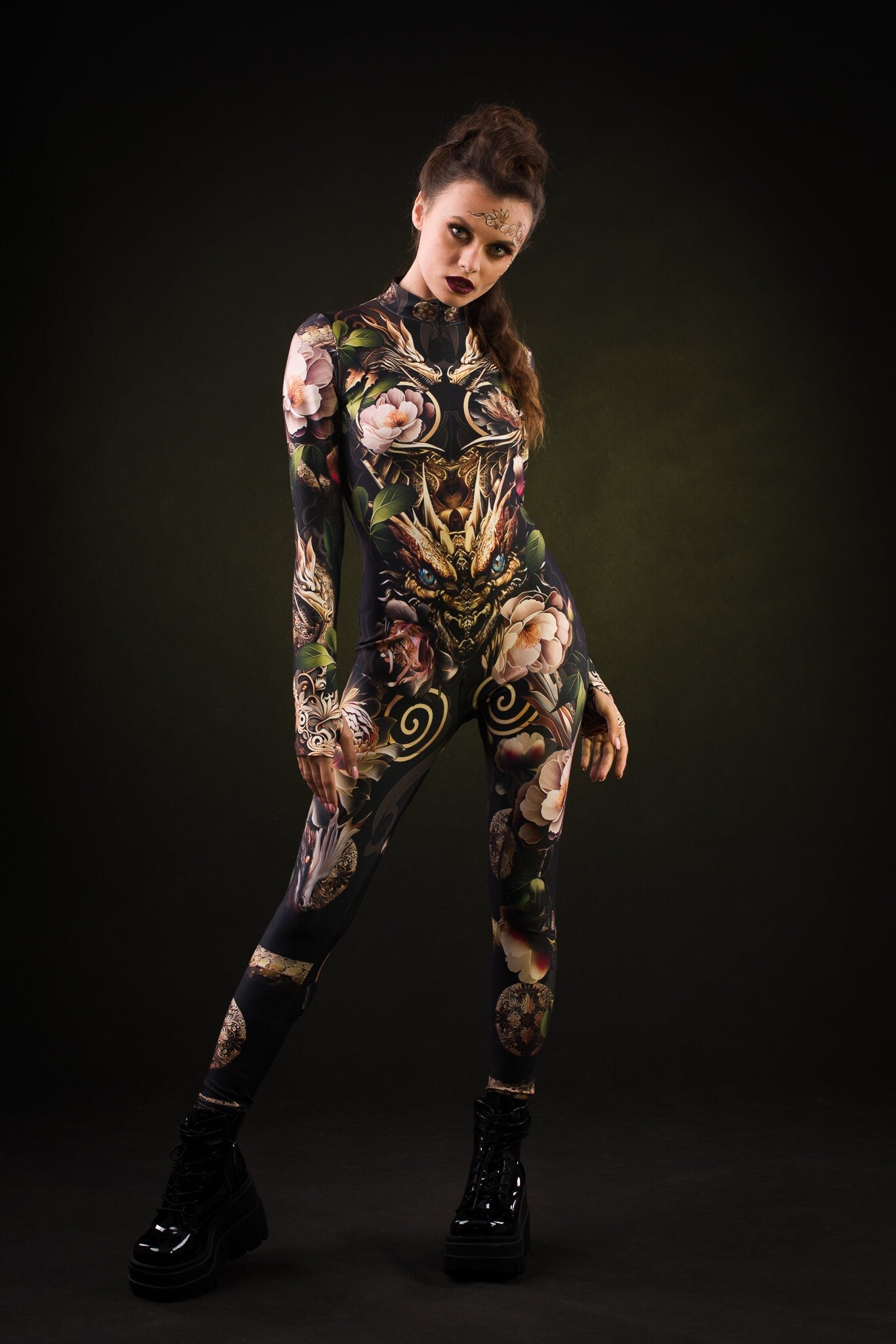 Sister of Dragons Halloween costume for women, featuring a full-body black catsuit with dragon design and tattoo effect on the back, perfect for Halloween or cosplay events.