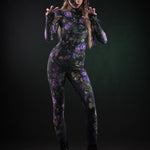 Mystic Cats Halloween costume for women, featuring a full-body catsuit with a cats and roses design and tattoo effect on the back, perfect for Halloween or cosplay events.