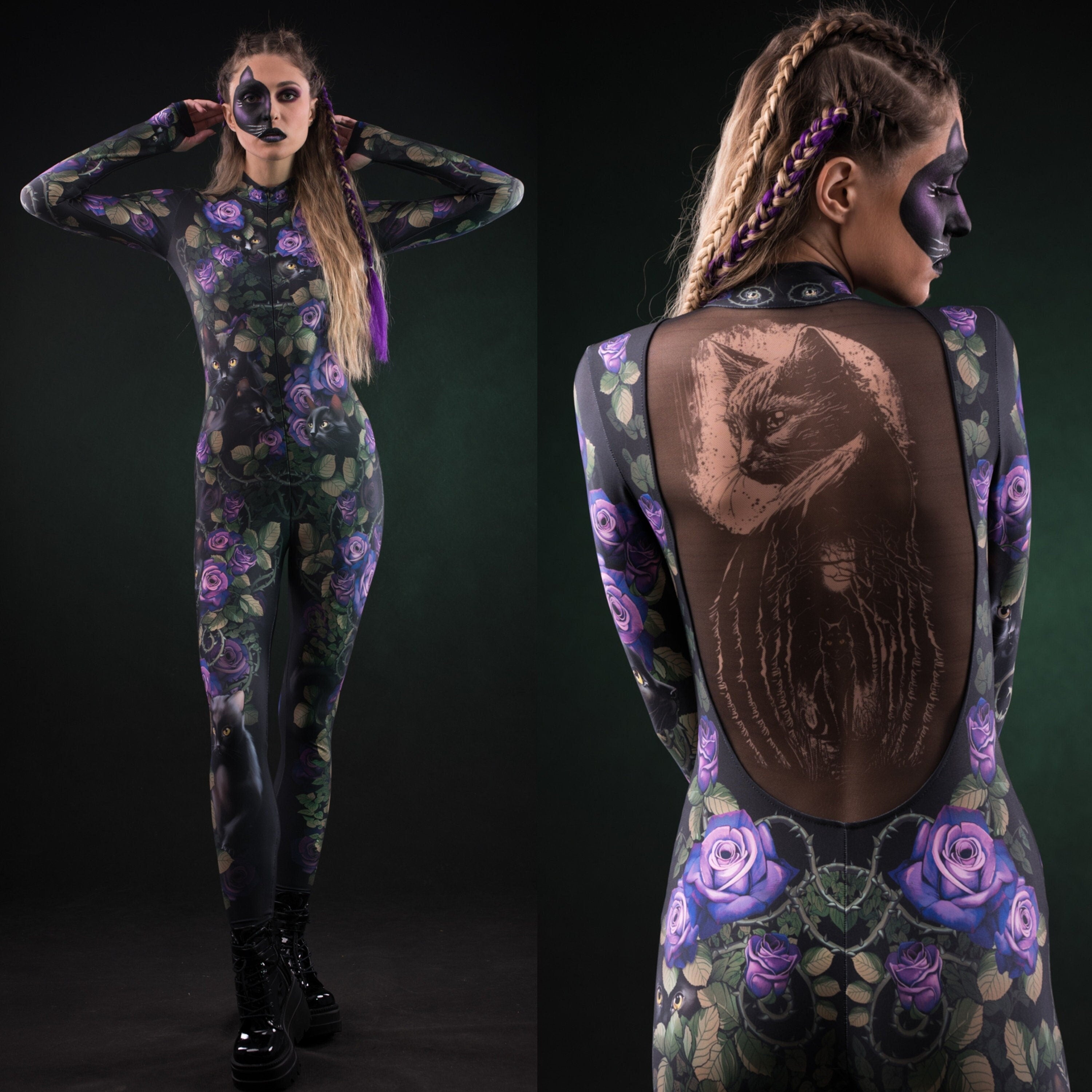 oman wearing the Mystic Cats costume, a full-body catsuit with detailed cats and roses design and tattoo effect, great for Halloween parties or gothic-themed festivals.