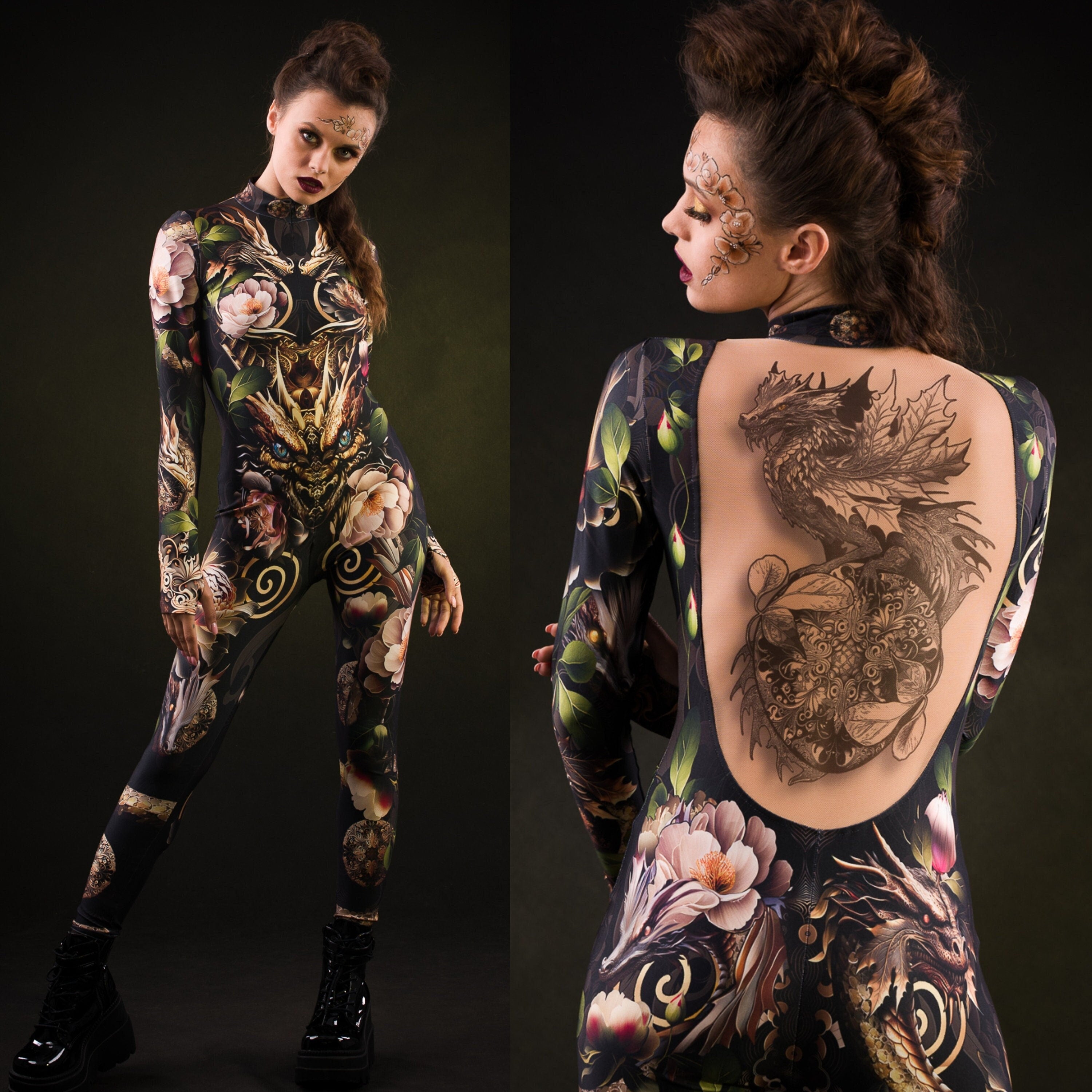 Woman posing in the Sister of Dragons Halloween costume, highlighting the sleek black dragon design and detailed tattoo effect, great for Halloween or as a standout festival outfit.