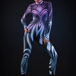 Woman posing in the Purple Spiral costume, showcasing the 3D spiral effect and vibrant purple design, great for Halloween or as a standout festival outfit.