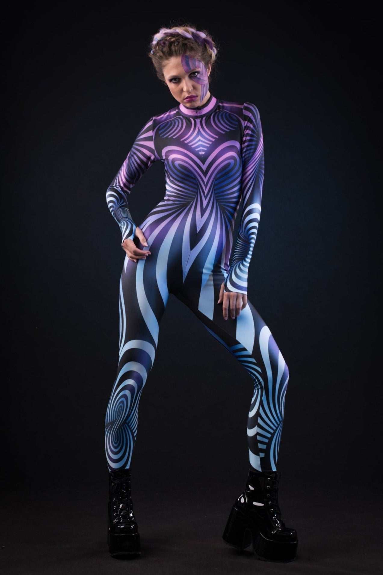 Woman posing in the Purple Spiral costume, showcasing the 3D spiral effect and vibrant purple design, great for Halloween or as a standout festival outfit.