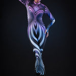 Purple Spiral Halloween costume for women, featuring a full-body 3D spiral design in a vibrant purple catsuit, perfect for Halloween or festival events.