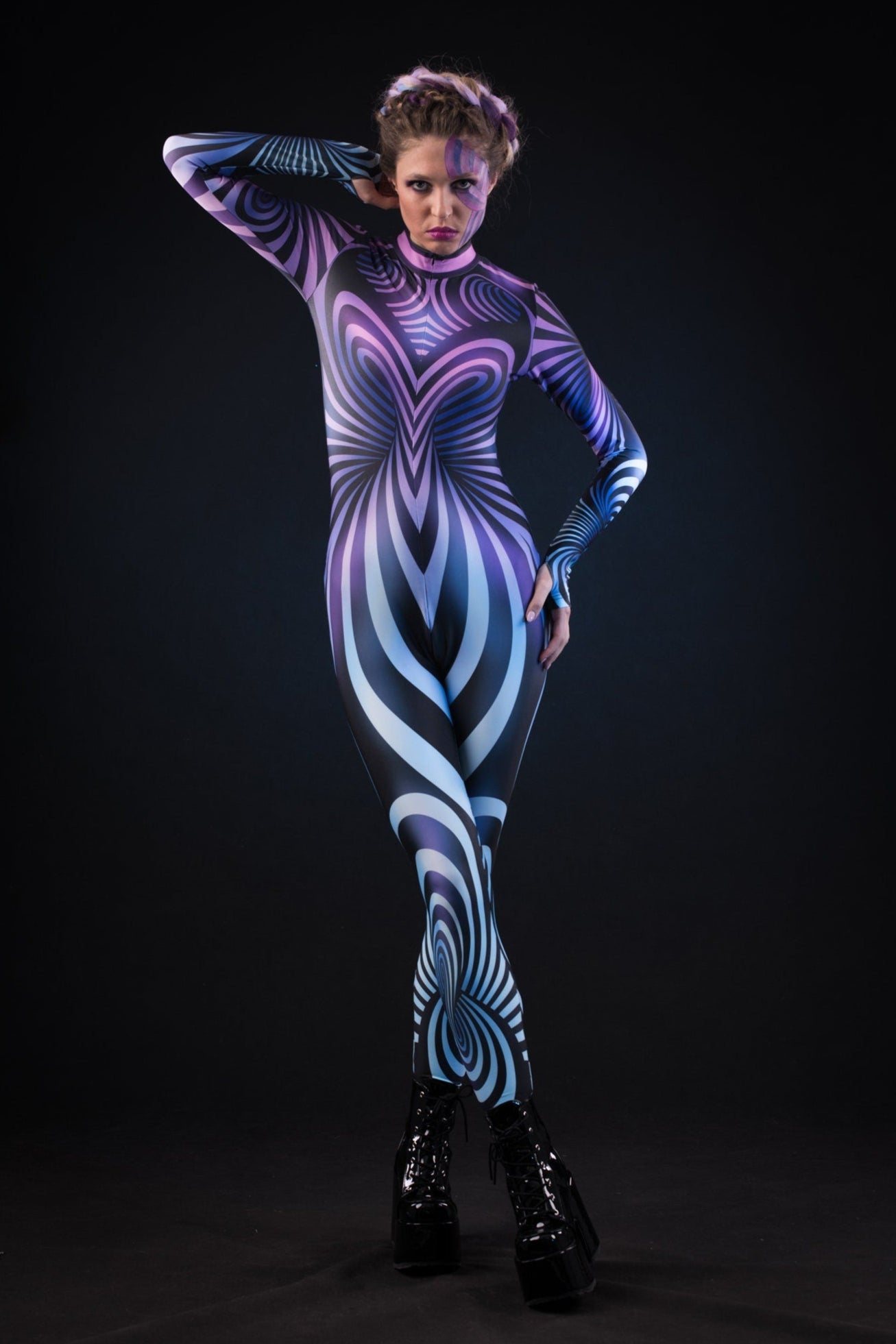 Purple Spiral Halloween costume for women, featuring a full-body 3D spiral design in a vibrant purple catsuit, perfect for Halloween or festival events.