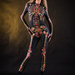 Flower Skeleton Halloween costume for women, featuring an orange, yellow, and green skeleton design with floral accents, perfect for Halloween or Day of the Dead celebrations.