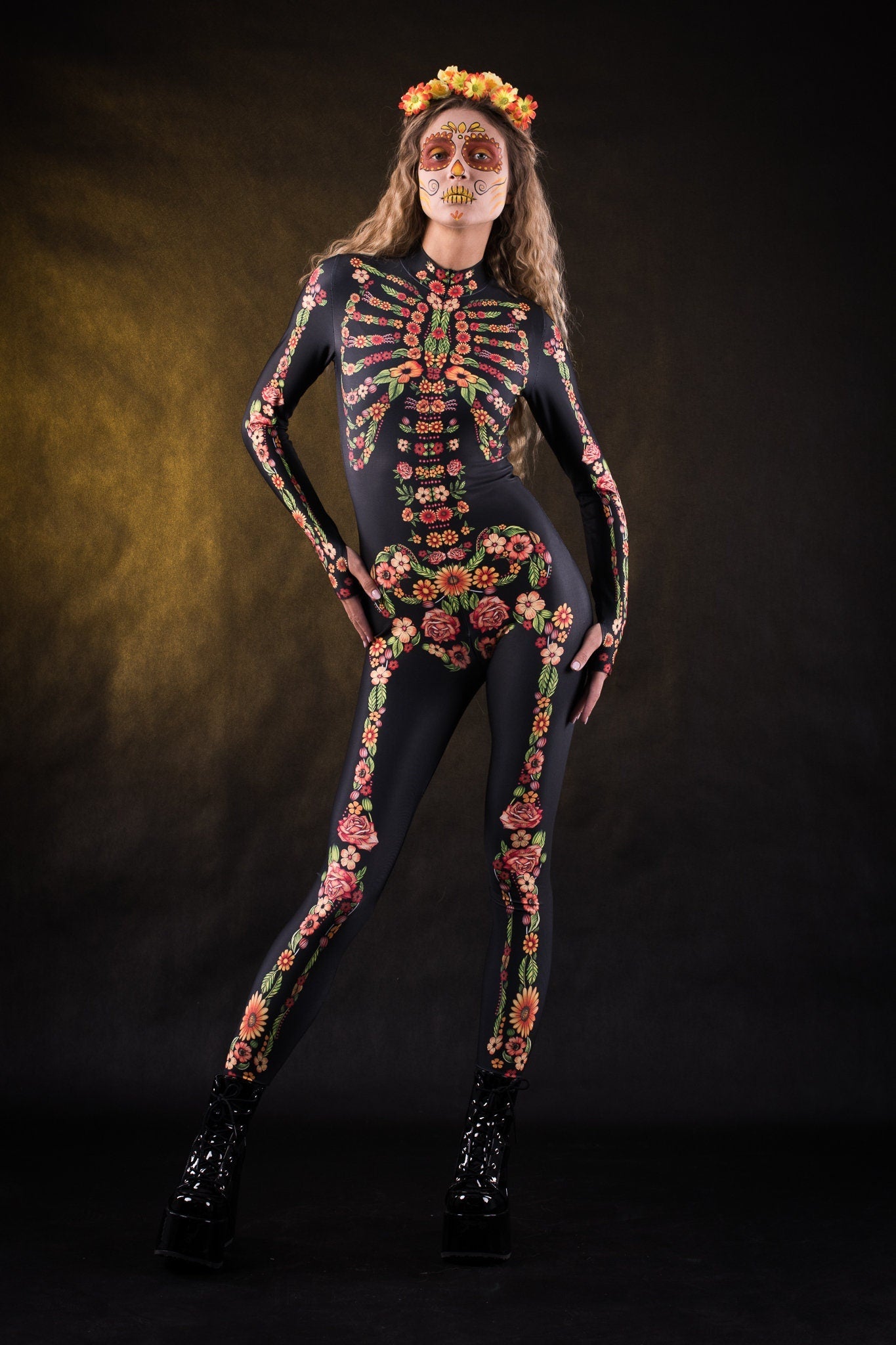 Flower Skeleton Halloween costume for women, featuring an orange, yellow, and green skeleton design with floral accents, perfect for Halloween or Day of the Dead celebrations.