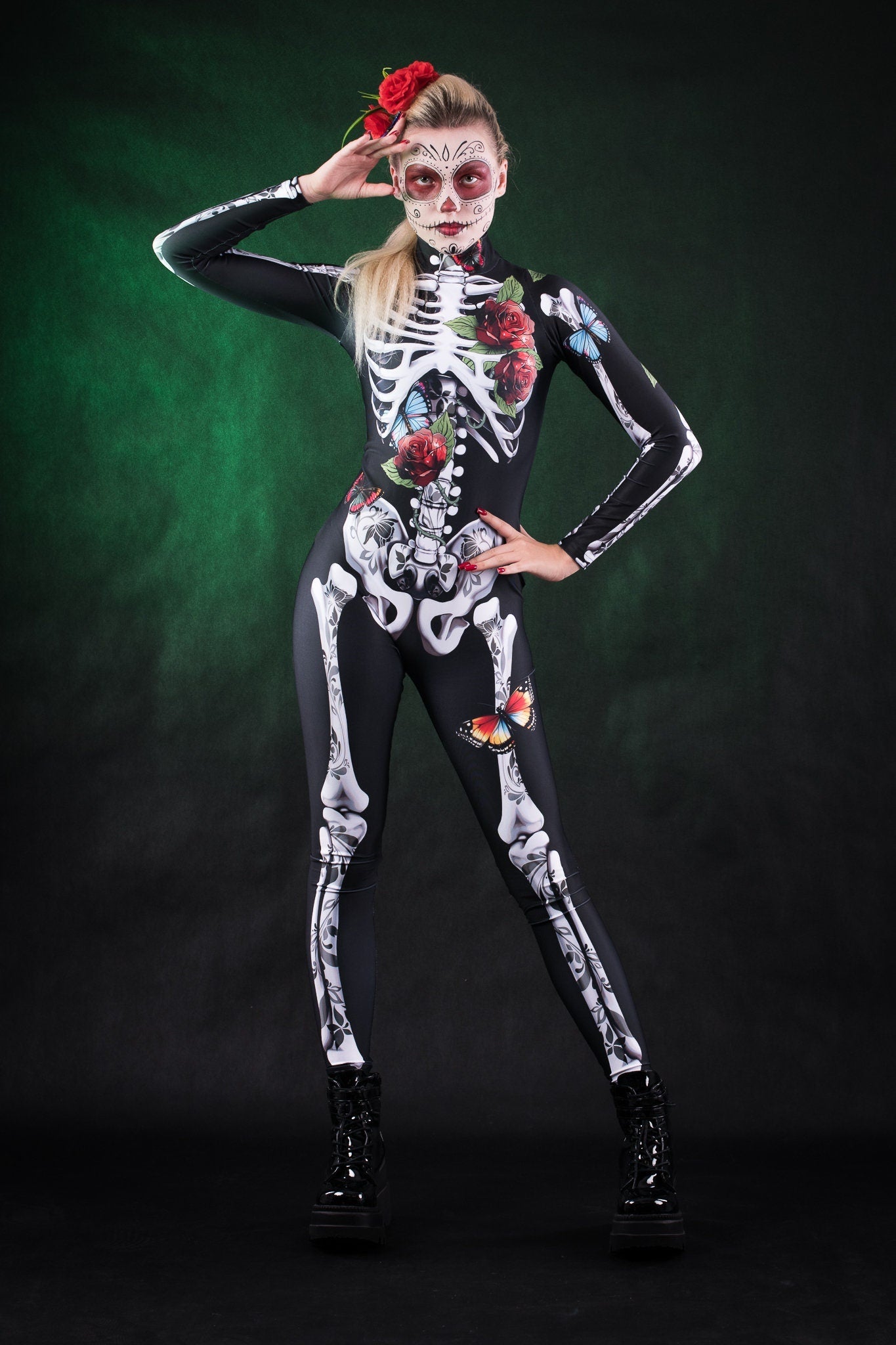 Roses Butterflies Skeleton Halloween costume for women, featuring a full-body skeleton catsuit with floral and butterfly accents, perfect for Day of the Dead or Halloween celebrations.