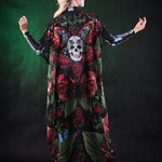 Woman wearing the Roses Butterflies Skeleton costume, featuring a full-body skeleton design with floral and butterfly accents, perfect for Halloween parties or Day of the Dead events.