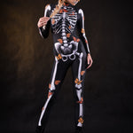 Lady Orange Butterfly Halloween costume for women, featuring a full-body skeleton catsuit with orange butterfly accents and a flowing kimono, perfect for Halloween or Day of the Dead celebrations.