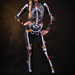 Lady Orange Butterfly Halloween costume for women, featuring a full-body skeleton catsuit with orange butterfly accents and a flowing kimono, perfect for Halloween or Day of the Dead celebrations.