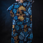 Blue Monarchy Butterflies kimono Halloween cape, featuring a flowing design with butterfly prints, perfect for Day of the Dead or Halloween costumes. Festival costume