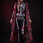 Woman wearing the Lady Red Butterfly skeleton costume, featuring a colorful kimono with red and blue butterfly accents, perfect for Halloween parties or Day of the Dead events.