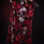 Red Monarchy Butterflies Halloween kimono cape, featuring vibrant red butterfly designs, perfect for Halloween or Day of the Dead celebrations.