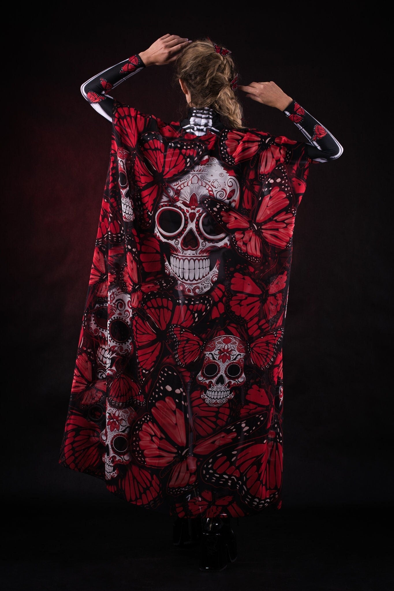 Red Monarchy Butterflies Halloween kimono cape, featuring vibrant red butterfly designs, perfect for Halloween or Day of the Dead celebrations.