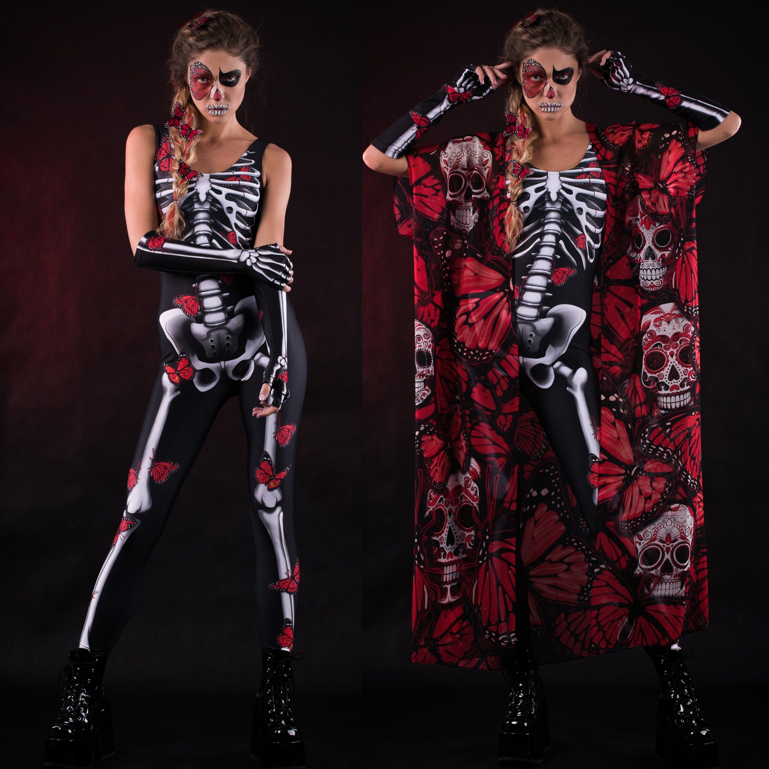 Woman wearing the Red Butterflies Skeleton costume with kimono, featuring a white skeleton bodysuit with red butterfly accents, perfect for Halloween parties or festivals.