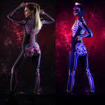 Woman posing in the UV reactive skeleton costume, highlighting the vibrant neon pink design that glows under UV light, perfect for Halloween parties or festival wear.