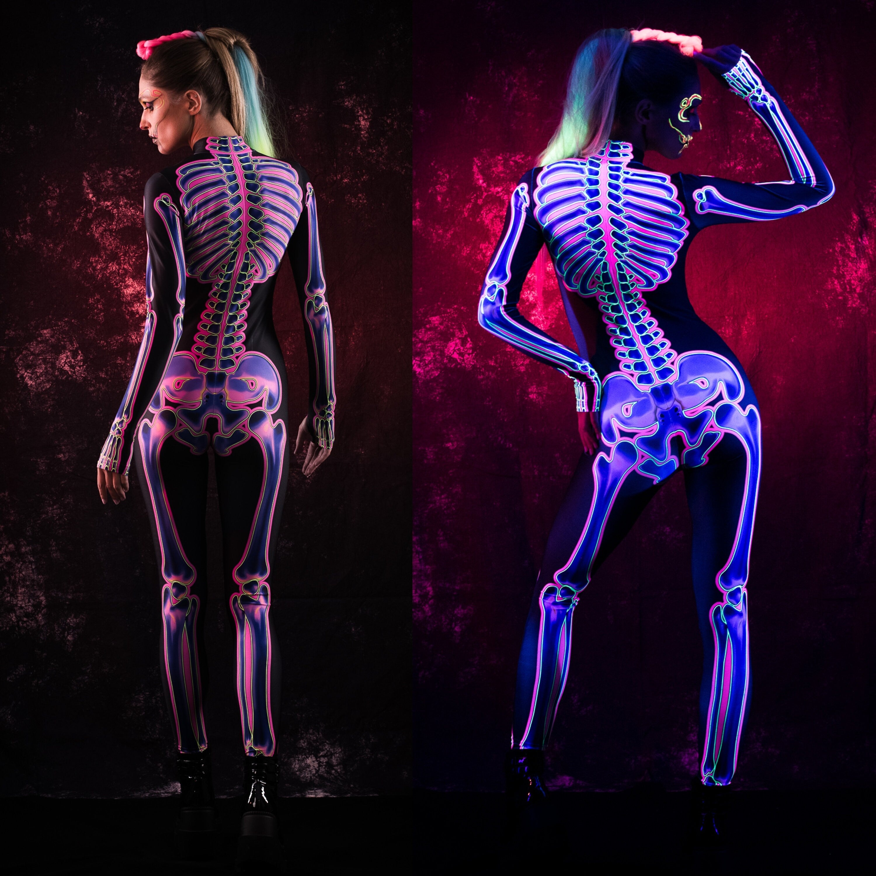 Woman posing in the UV reactive skeleton costume, highlighting the vibrant neon pink design that glows under UV light, perfect for Halloween parties or festival wear.