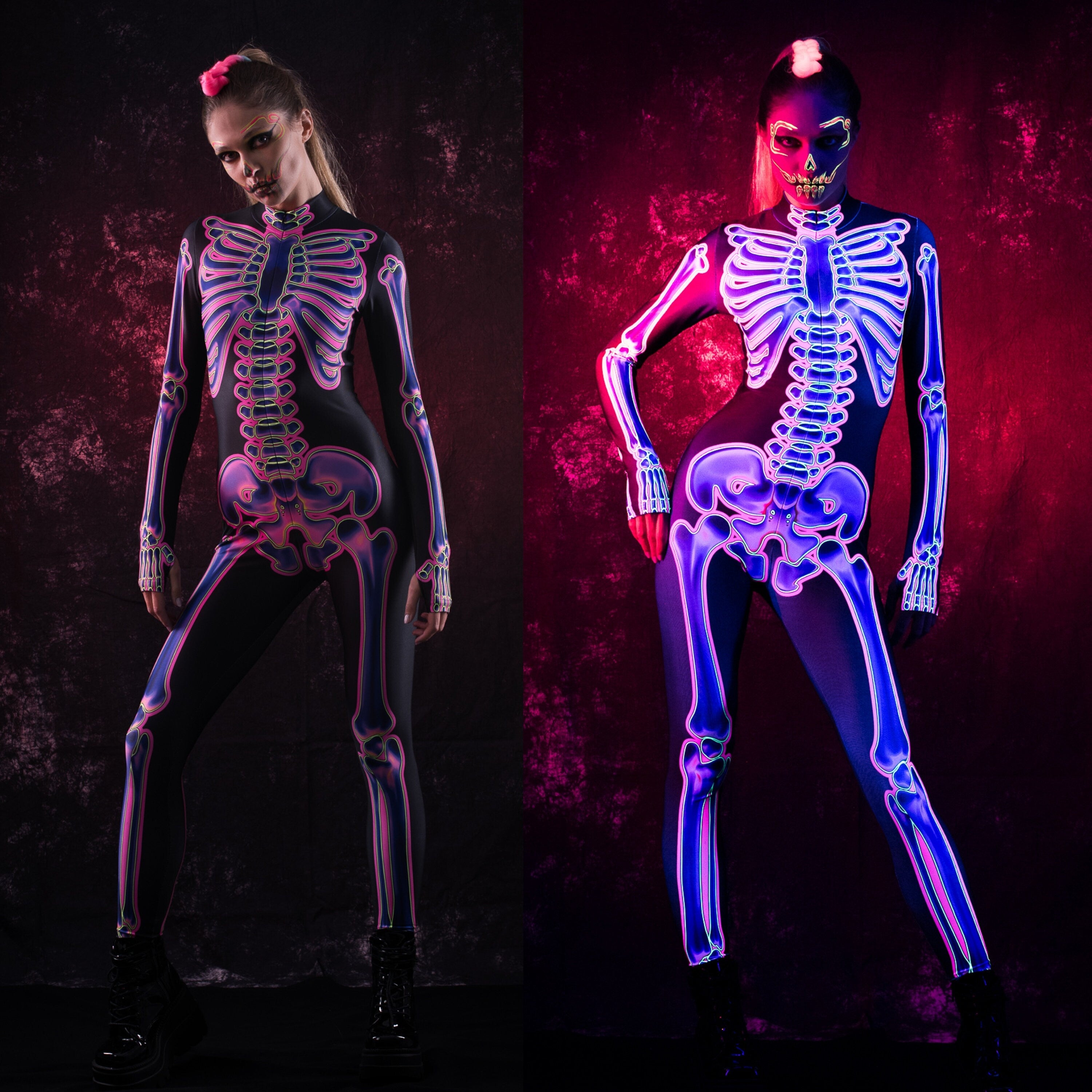 UV Reactive Skeleton Halloween costume for women, featuring a neon pink skeleton design, perfect for Halloween parties or UV-reactive festival outfits.