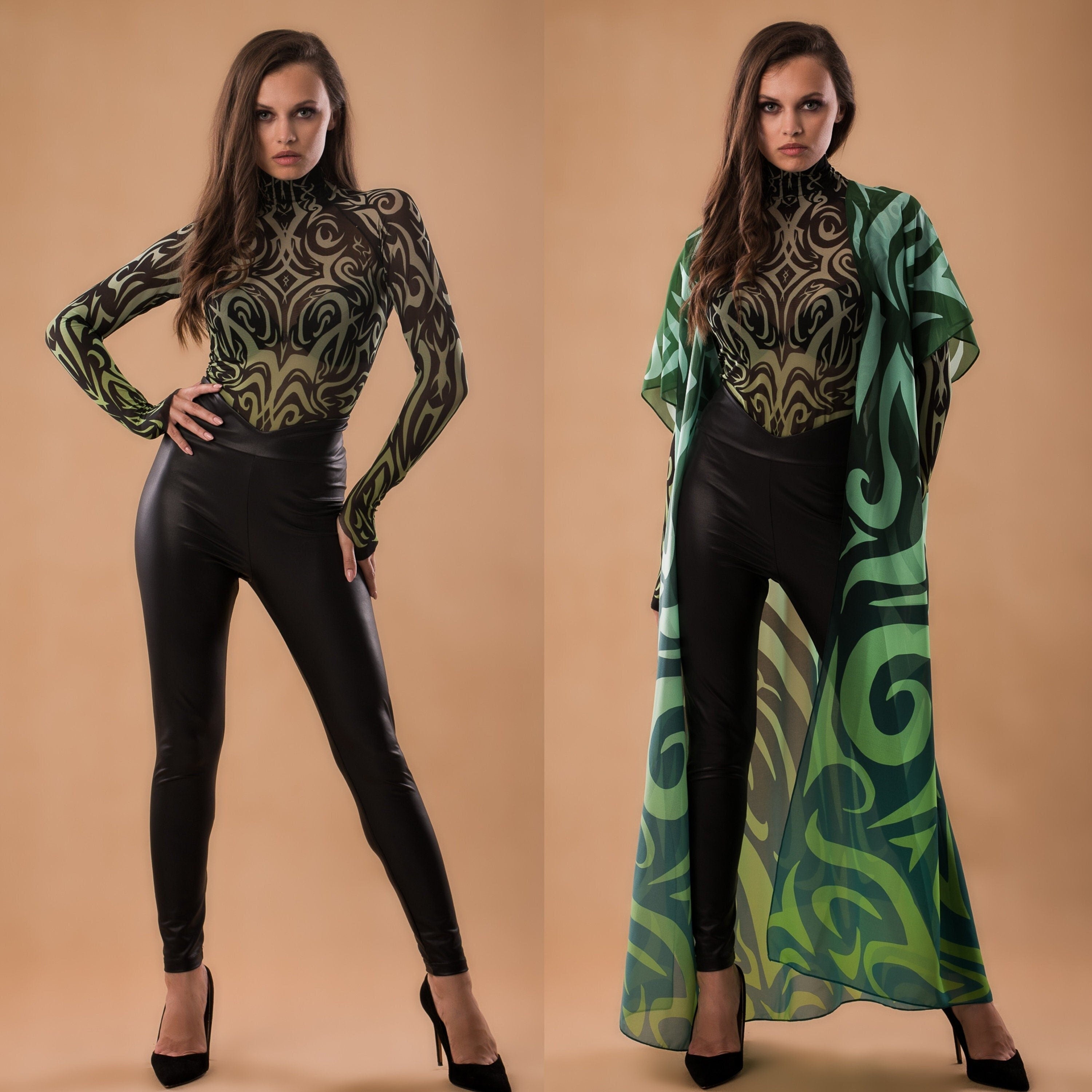 GREEN MAZE Mesh Bodysuit with Leggings & Kimono SET