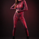 Woman in a Red Mamba Halloween costume, showing off the striking red snake skin design, perfect for Halloween parties.