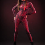 Woman posing in the Red Mamba snake skin catsuit with tattoo detailing, demonstrating the costume's fierce and stylish fit for Halloween.